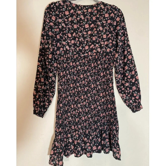 Blush Covered In Flowers Boho Black Floral Smocked Long Sleeve Mini Dress Sz L - Picture 3 of 11
